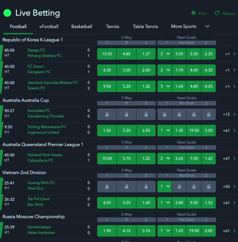 Close-up of the interface showing live betting options and rapidly changing odds.
