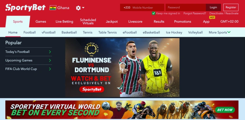 An exciting promotional banner for SportyBet Ghana betting with fire elements.